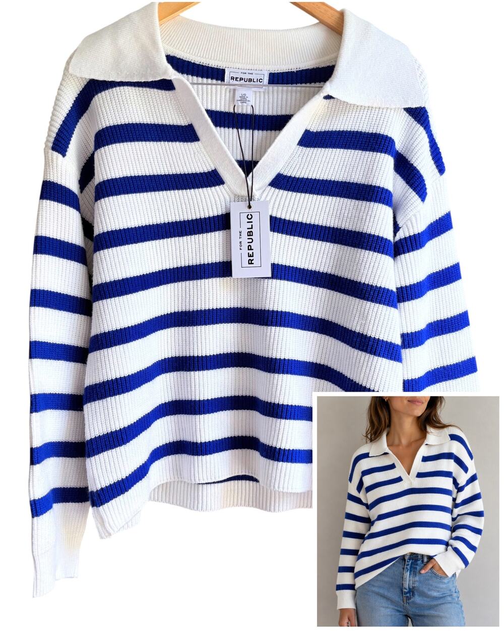 For The Republic Striped V-Neck Rib Knit Sweater Collared Blue White Nautical L